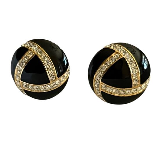 St. John Clip On Vintage Black Enamel and crystal Earrings - Picture 1 of 8